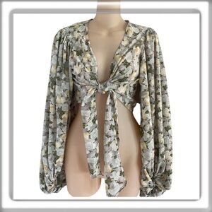 Hello Molly Ballroom Bloom Floral Tie Front Deep V-Neck Crop Top Size Small